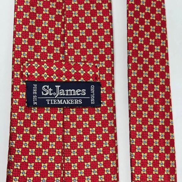 ST. JAMES TIEMAKERS SILK TIE RED GOLD STAR SATIN TEXTURED LUXURY 3.75" X 58" - Picture 3 of 3